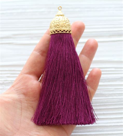 Extra Large Plum Purple Silk Tassel With Rustic Gold Tassel Cap Gold Cap Silk Tassel Magenta