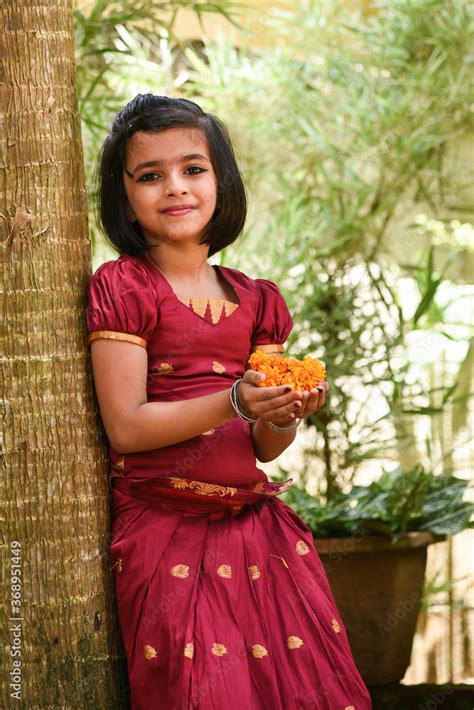 Kerala Onam Festival Happy Young Indian Girl Child Wearing