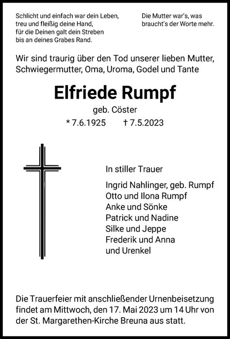 Traueranzeigen Von Elfriede Rumpf Trauer HNA De