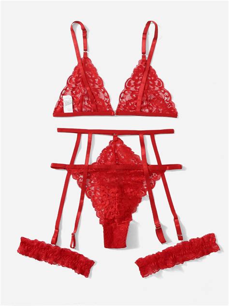 Scalloped Trim Floral Lace Garter Lingerie Set Shein Usa