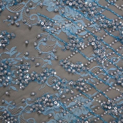 Light Blue Heavily Pearl Beaded Lace Bead Embroidery Patterns Fabric