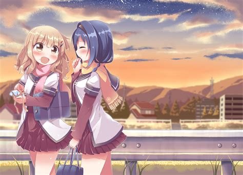 2girls Aliasing Blonde Hair Blue Hair Brown Eyes Fang Furutani Himawari