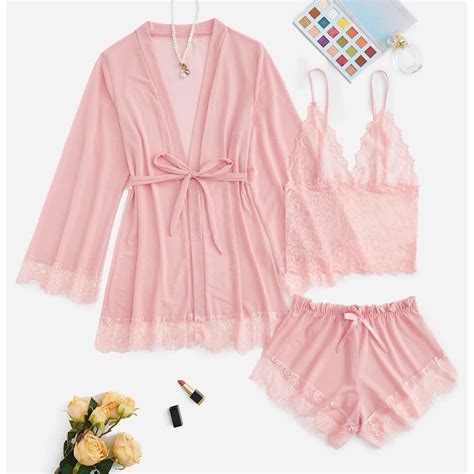 SkyAuks Women S Robes Sexy Robes For Women 3 Pieces Lace Lingerie Set Satin Bridal Pajama Silk