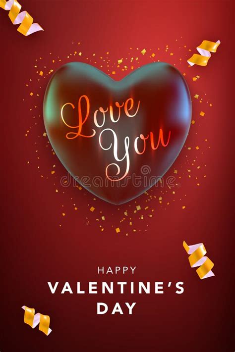 Happy Valentines Day Greeting Card With Red Heart And Ribbons Vector