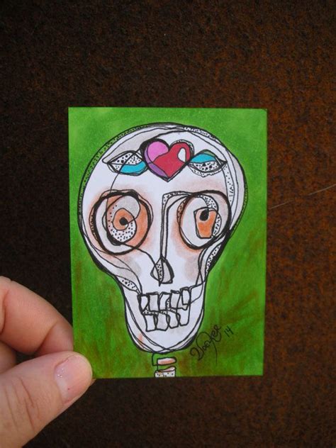 Sugar Skull With Red Heart Original Aceo Drawing Etsy Sugar Skull