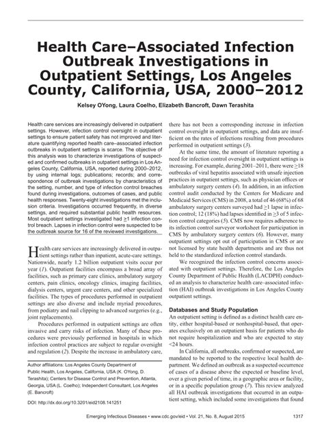 PDF Health CareAssociated Infection Outbreak Investigations In