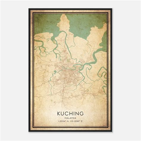 Vintage Kuching Malaysia Map Poster Kuching City Road Wall Art Print