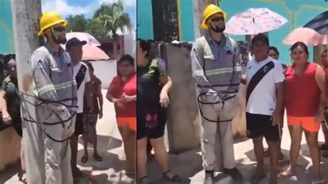 VIDEO Amarran a trabajador de la CFE a poste de luz en Valladolid Yucatán