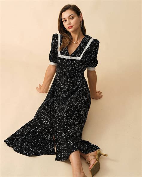 The Polka Dot Lace Trim Midi Dress Black Lace Sleeves Polka Dot V