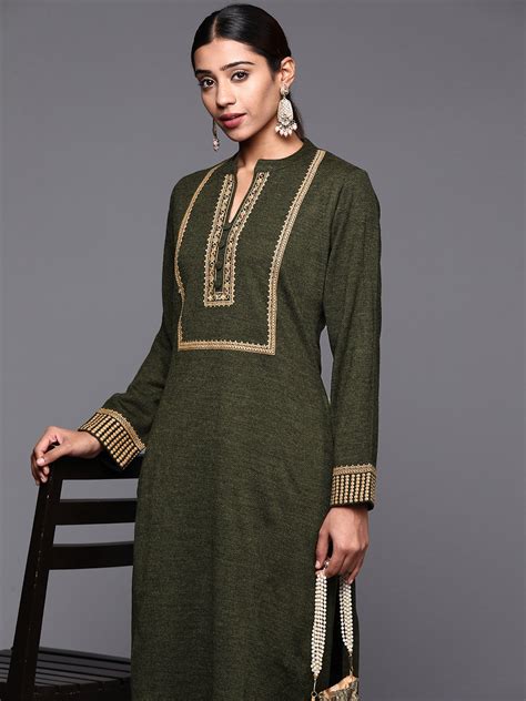 Buy Libas Women Green Ethnic Motifs Yoke Design Wool Kurta Kurtas For