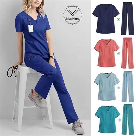 Niaahinn New Fashion Women Scrub Suit Short Sleeves V Neck Pocket T