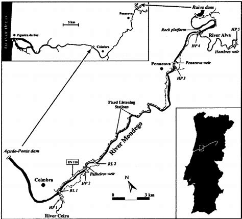 Map of the River Mondego showing detailed characteristics of the study ...