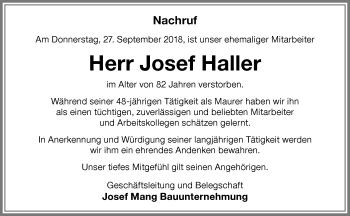 Traueranzeigen von Josef Haller Allgäuer Zeitung