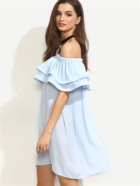 Blue Ruffle Off The Shoulder Shift Dress SheIn Sheinside