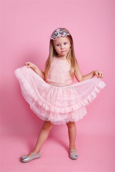 Cute Sweet Little Princess Wearing Pink Dress Hugging Present Boxex And