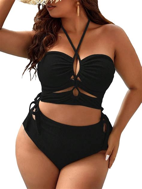 Amazon Soly Hux Women S Plus Size Piece Swimsuit High Waisted Drawstring Halter Bikini