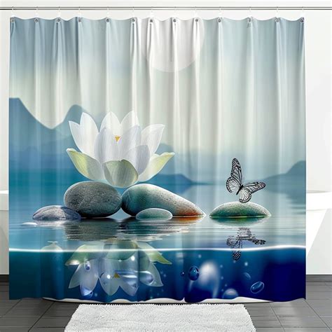 Blue And White Butterfly Lotus Flower Shower Curtain With Nature Scene