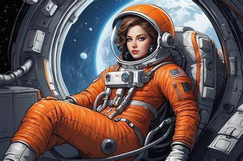 Premium Photo A Woman In An Orange Astronaut Suit Sits In A Space Suit