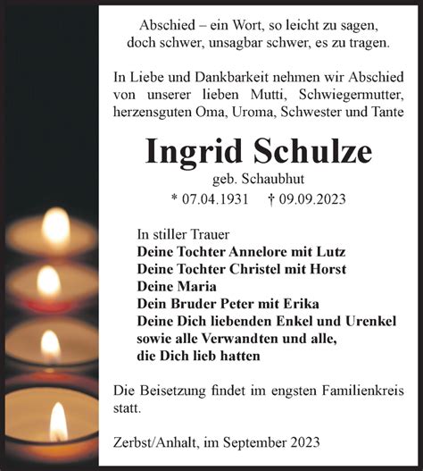 Traueranzeigen Von Ingrid Schulze Abschied Nehmen De