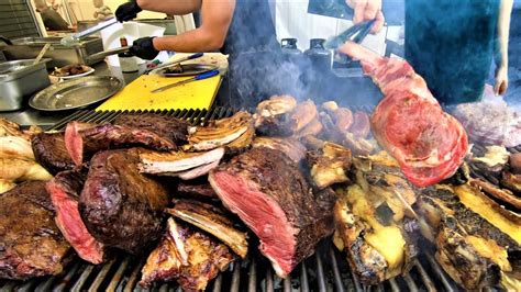 Italy Street Food Grilling Huge Tomahawk And Blocks Of Beef Meat