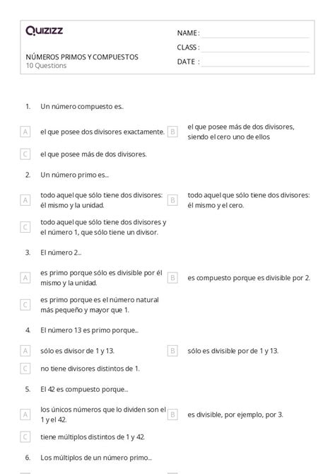 N Meros Primos Y Compuestos Hojas De Trabajo Para Grado En