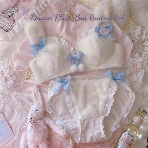 Japanese Kawaii Plush Bra Panties Set Cute Lingerie Sweet Rabbit Ears White Girl Underwear
