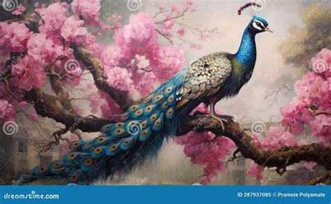 A Painting Of A Peacock Sitting On A Tree Branch With Pink Flowers In