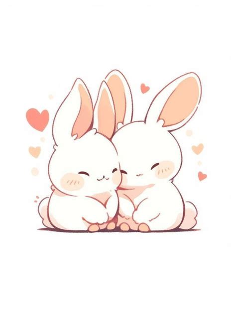 Two Rabbits Hugging Each Other With Hearts In The Background