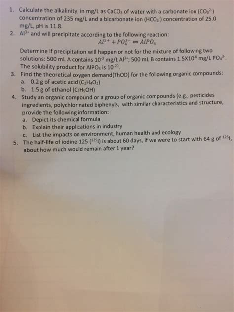 Solved Calculate The Alkalinity In Mg L As Cacos Of Water Chegg