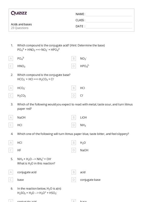 Acids And Bases Worksheets For Th Year On Quizizz Free Printable