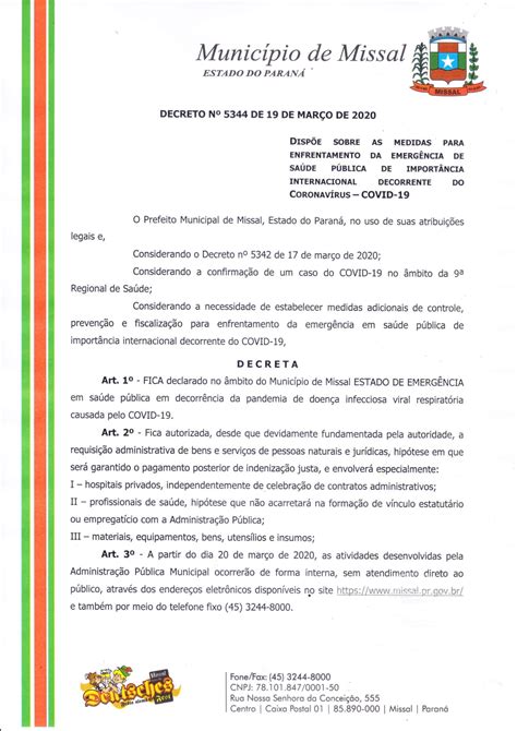 Administração Municipal De Missal Publica Decreto De Estado De