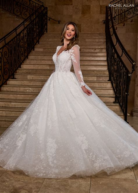 White Rachel Allan RB6172 Long Glitter Beaded Lace Wedding Dress