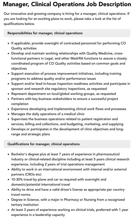 Manager Clinical Operations Job Description Velvet Jobs