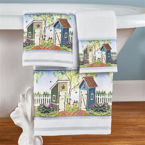 His And Hers Garden Outhouse Scene 3 Piece Bath Towel Set Collections Etc