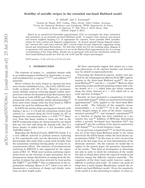 Pdf Stability Of Metallic Stripes In The Extended One Band Hubbard Model