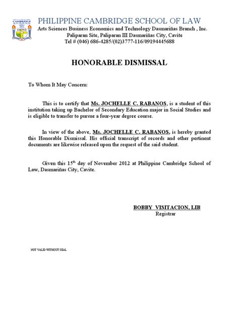 honorable dismissal certificate  transfer