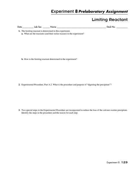 Pre Lab 8 Experiment 8 Report Sheet Limiting Reactant Experiment 8 Prelaboratory Assignment