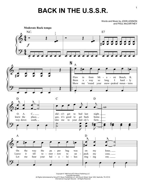 Back In The U S S R By The Beatles Sheet Music For Easy Piano At Sheet