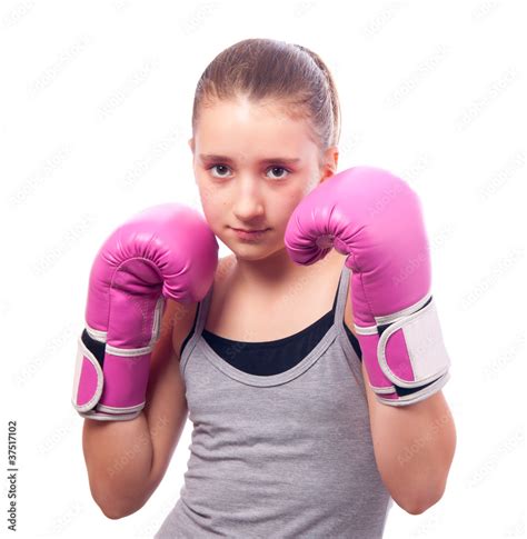 Portrait Of Pretty Kick Boxing Girl With Pink Gloves Stock Photo