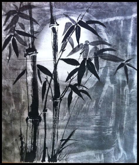 Chinese Ink Brush Painting Moonlit Bamboo By Malaysian Artist Low