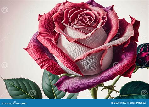 A Painting Of A Pink Rose With Green Leaves On A White Background With