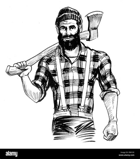 Lumberjack With An Axe Ink Black And White Illustration Stock Photo