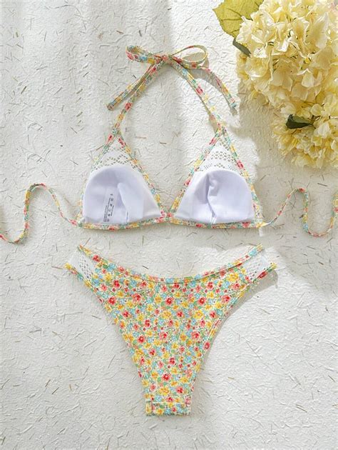 Swim Mod Women Patterned Fabric Hollow Design Activewear Bikini Swimwear Adjustable Straps For