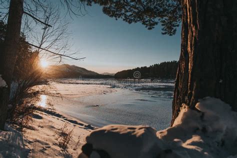 Mountain River at Sunset in Winter Stock Image - Image of hike, cold ...