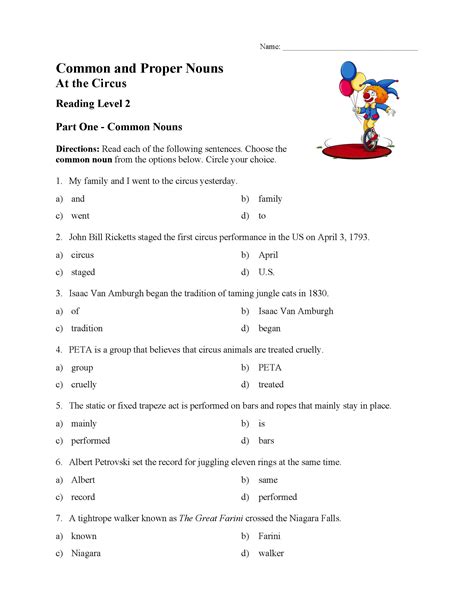 Common And Proper Nouns Test 2 Reading Level 2 Preview Worksheets