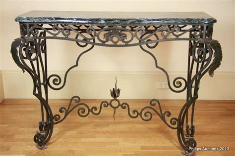 Serpentine Marble Console Table With Wrought Iron Base Tables