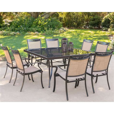 Hanover Fontana 9 Piece Outdoor Dining Set With Square Glass Top Table