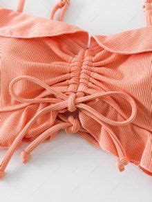 ZAFUL Ribbed Cinched Ruffled Lace Up Bikini Top In DEEP PEACH ZAFUL