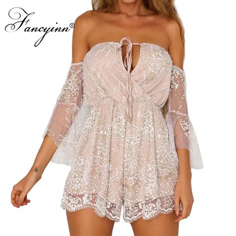 Fancyinn Sexy Women Playsuits Rompers Sequins Cold Shoulder Strap