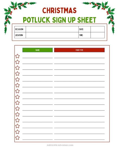 Christmas Potluck Sign Up Sheets Free Printables